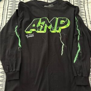 Long sleeved tshirt, AMP, black shirt, lime green print